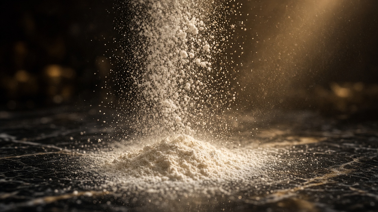 Flour falling onto a pastry bench
