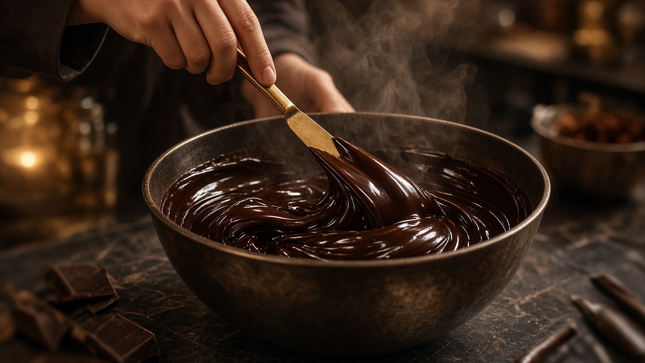 Folding ganache with a gold spatula