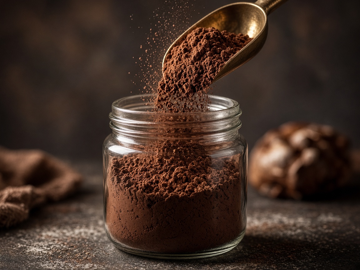 Dutch process cocoa with a brass scoop