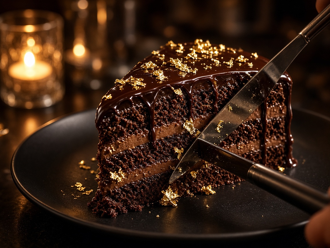 Finished chocolate cake with gold leaf